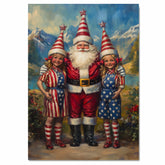 Santa Claus with Patriotic Elves in Red White and Blue Outfits with Star Hats for Fourth of July Festive Artwork on Ready to Hang 1.5" Thick Canvas Wrap, Floating Framed Canvas, Flat Rolled Canvas